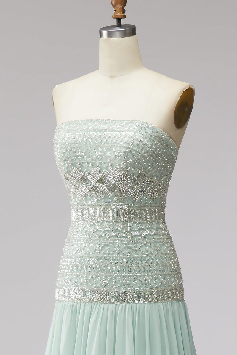 Laden Sie das Bild in den Galerie-Viewer, Mint-Pailletten, plissiertes Chiffon-A-Line-langes langes Abschlussballkleid mit Perlen