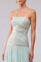 Laden Sie das Bild in den Galerie-Viewer, Mint-Pailletten, plissiertes Chiffon-A-Line-langes langes Abschlussballkleid mit Perlen