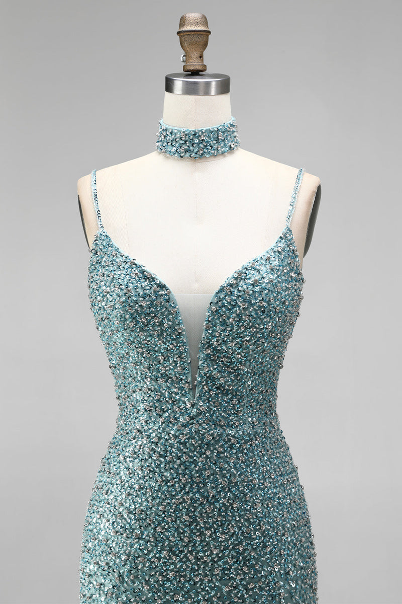 Laden Sie das Bild in den Galerie-Viewer, Graugrünes Meerjungfrauen Pailletten Tüll Abendkleid mit Perlenbesatz und Choker
