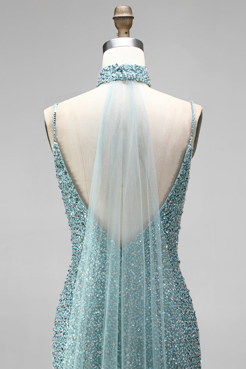 Laden Sie das Bild in den Galerie-Viewer, Graugrünes Meerjungfrauen Pailletten Tüll Abendkleid mit Perlenbesatz und Choker