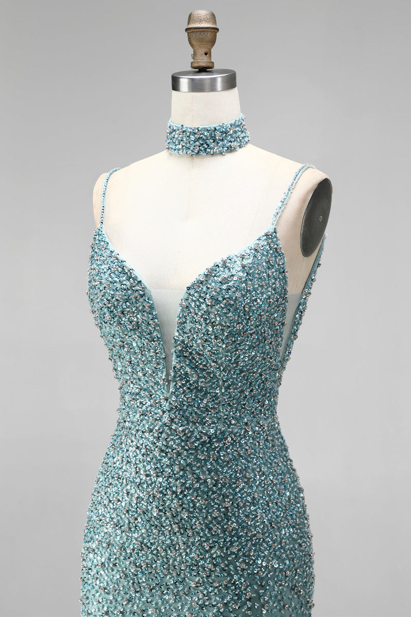 Laden Sie das Bild in den Galerie-Viewer, Graugrünes Meerjungfrauen Pailletten Tüll Abendkleid mit Perlenbesatz und Choker
