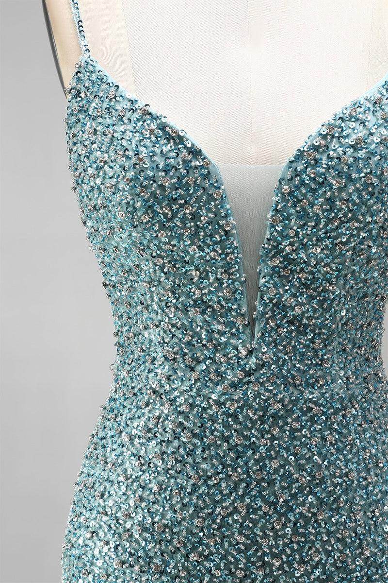 Laden Sie das Bild in den Galerie-Viewer, Graugrünes Meerjungfrauen Pailletten Tüll Abendkleid mit Perlenbesatz und Choker