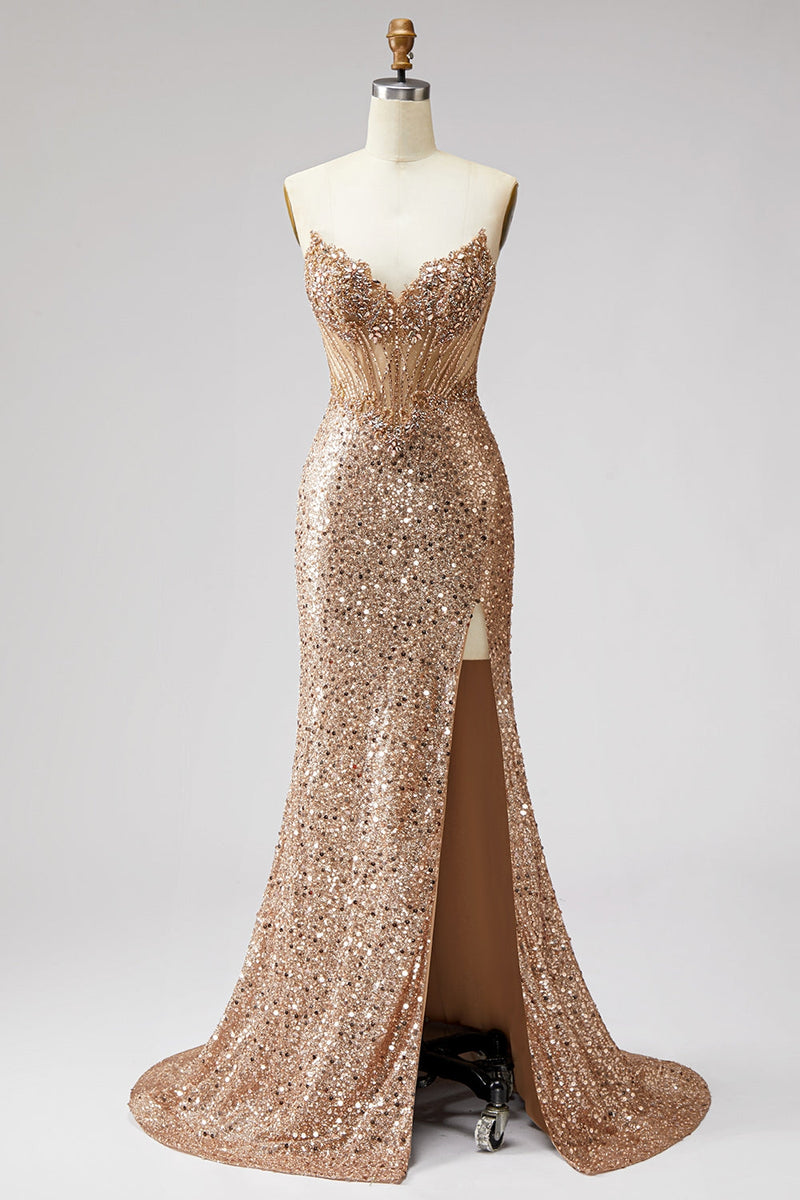 Laden Sie das Bild in den Galerie-Viewer, Glitzerndes Goldenes Korsett Meerjungfrauen Strasssteine Pailletten Trägerloses Langes Abschlussballkleid mit Schlitz