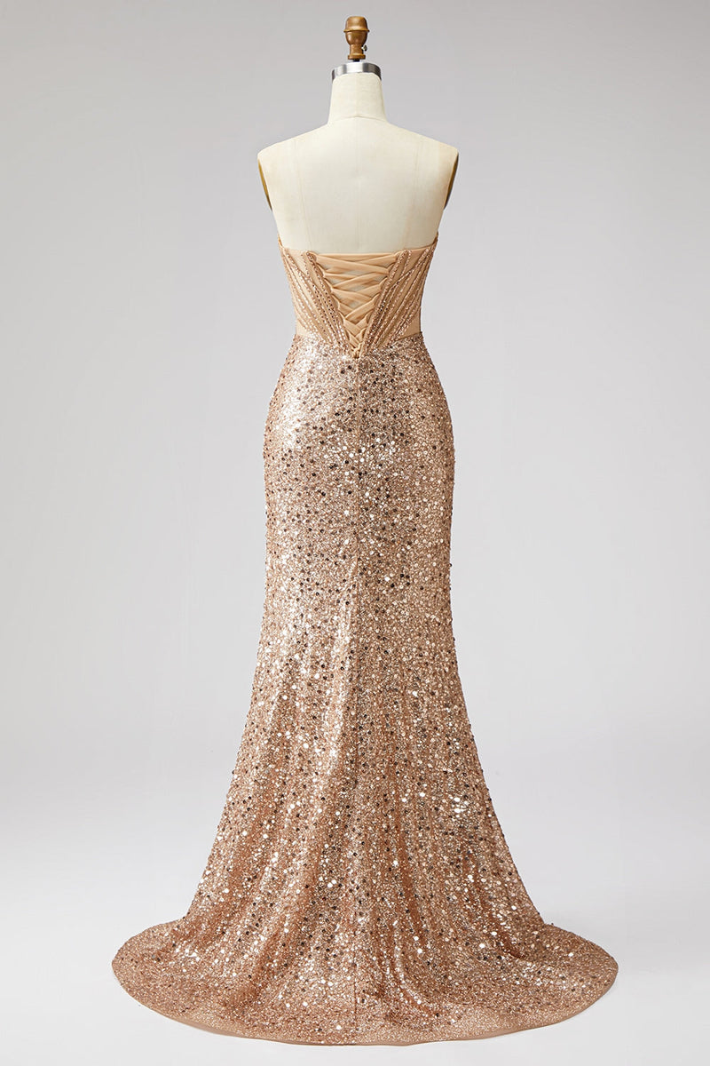 Laden Sie das Bild in den Galerie-Viewer, Glitzerndes Goldenes Korsett Meerjungfrauen Strasssteine Pailletten Trägerloses Langes Abschlussballkleid mit Schlitz
