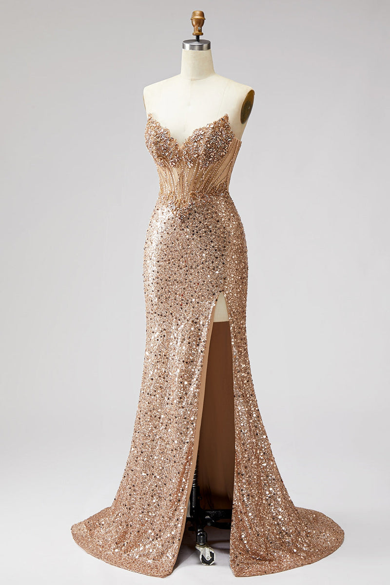 Laden Sie das Bild in den Galerie-Viewer, Glitzerndes Goldenes Korsett Meerjungfrauen Strasssteine Pailletten Trägerloses Langes Abschlussballkleid mit Schlitz