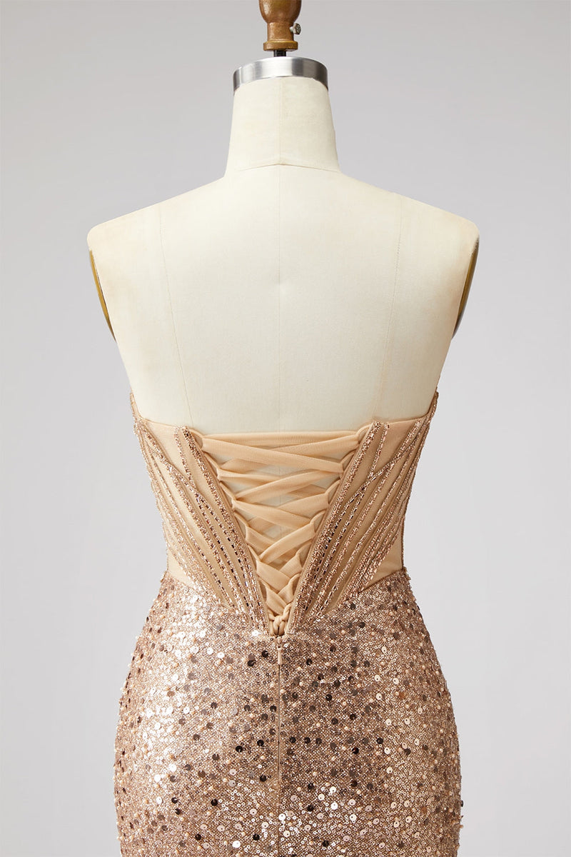 Laden Sie das Bild in den Galerie-Viewer, Glitzerndes Goldenes Korsett Meerjungfrauen Strasssteine Pailletten Trägerloses Langes Abschlussballkleid mit Schlitz