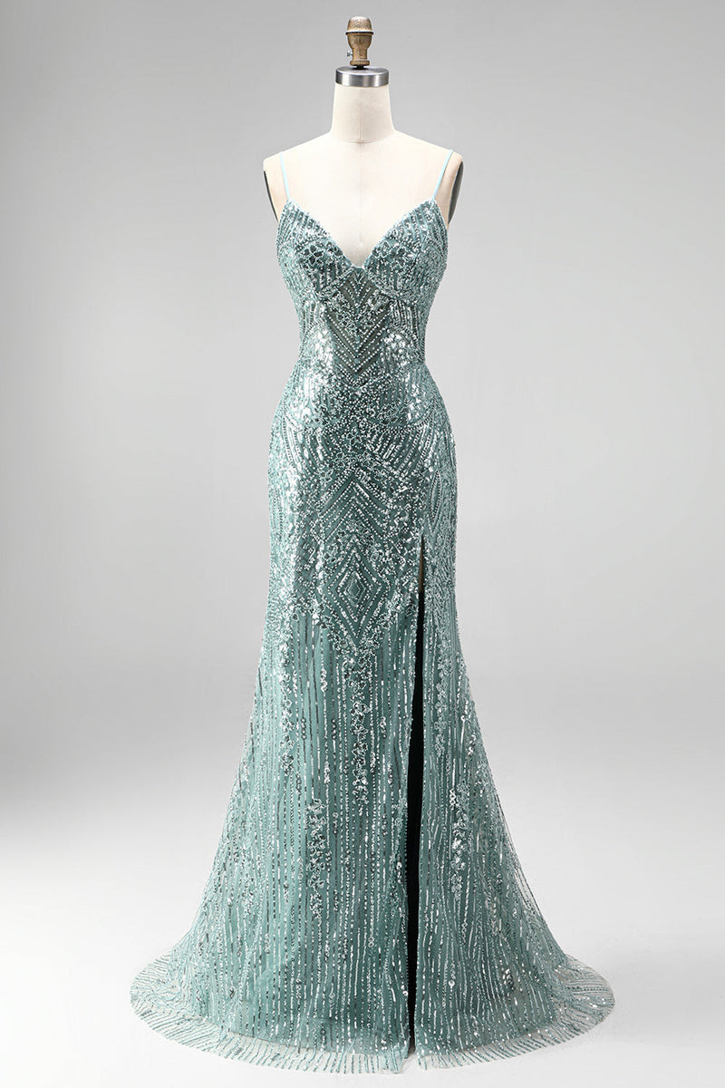 Laden Sie das Bild in den Galerie-Viewer, Staubgrünes Pailletten Strass V-Ausschnitt Spaghetti-Träger Meerjungfrauen Langes Ballkleid mit Schlitz