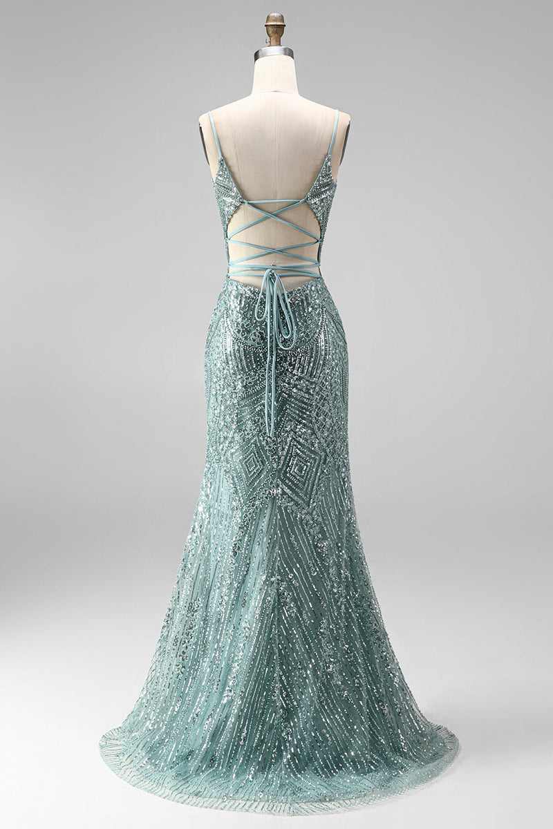 Laden Sie das Bild in den Galerie-Viewer, Staubgrünes Pailletten Strass V-Ausschnitt Spaghetti-Träger Meerjungfrauen Langes Ballkleid mit Schlitz