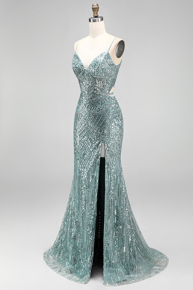 Laden Sie das Bild in den Galerie-Viewer, Staubgrünes Pailletten Strass V-Ausschnitt Spaghetti-Träger Meerjungfrauen Langes Ballkleid mit Schlitz