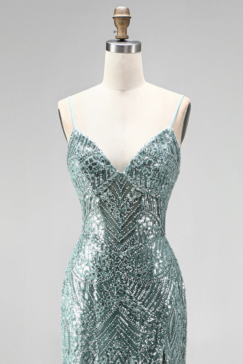 Laden Sie das Bild in den Galerie-Viewer, Staubgrünes Pailletten Strass V-Ausschnitt Spaghetti-Träger Meerjungfrauen Langes Ballkleid mit Schlitz