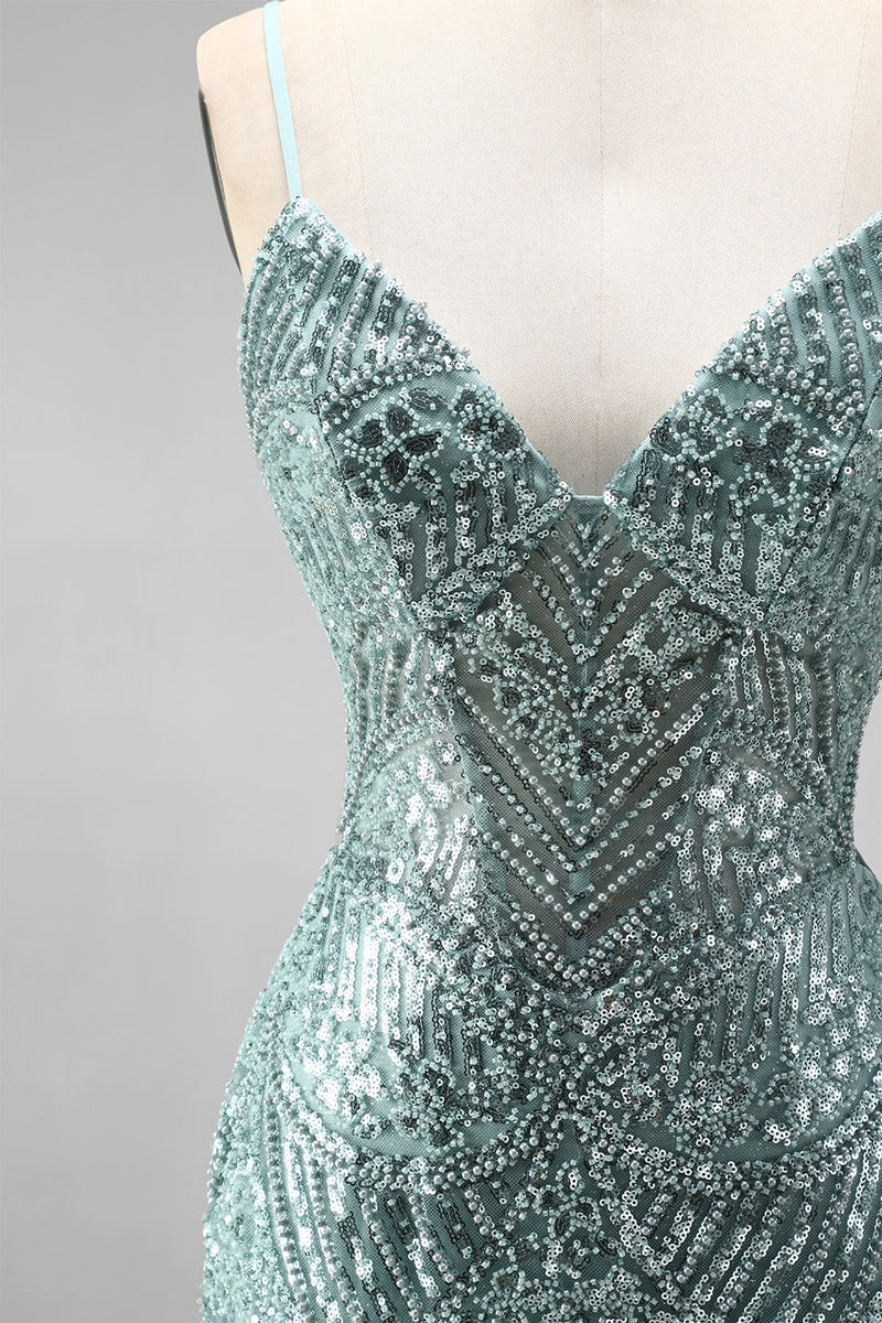 Laden Sie das Bild in den Galerie-Viewer, Staubgrünes Pailletten Strass V-Ausschnitt Spaghetti-Träger Meerjungfrauen Langes Ballkleid mit Schlitz