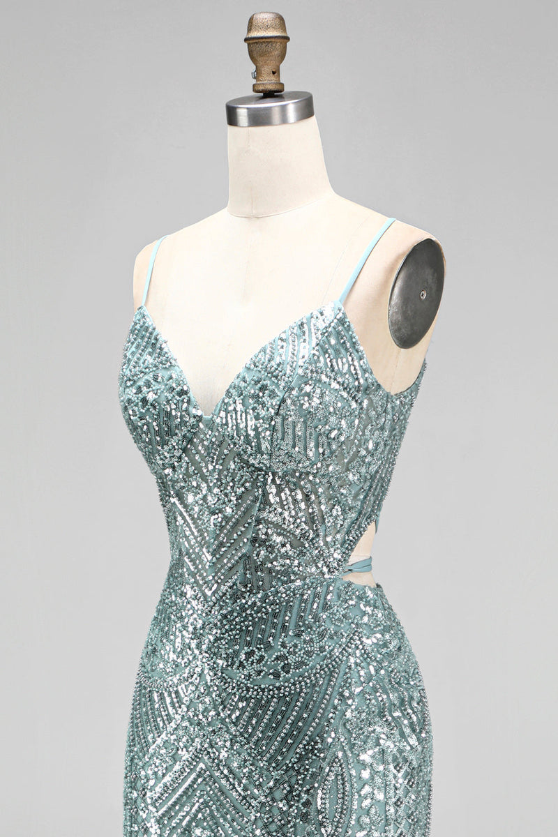 Laden Sie das Bild in den Galerie-Viewer, Staubgrünes Pailletten Strass V-Ausschnitt Spaghetti-Träger Meerjungfrauen Langes Ballkleid mit Schlitz