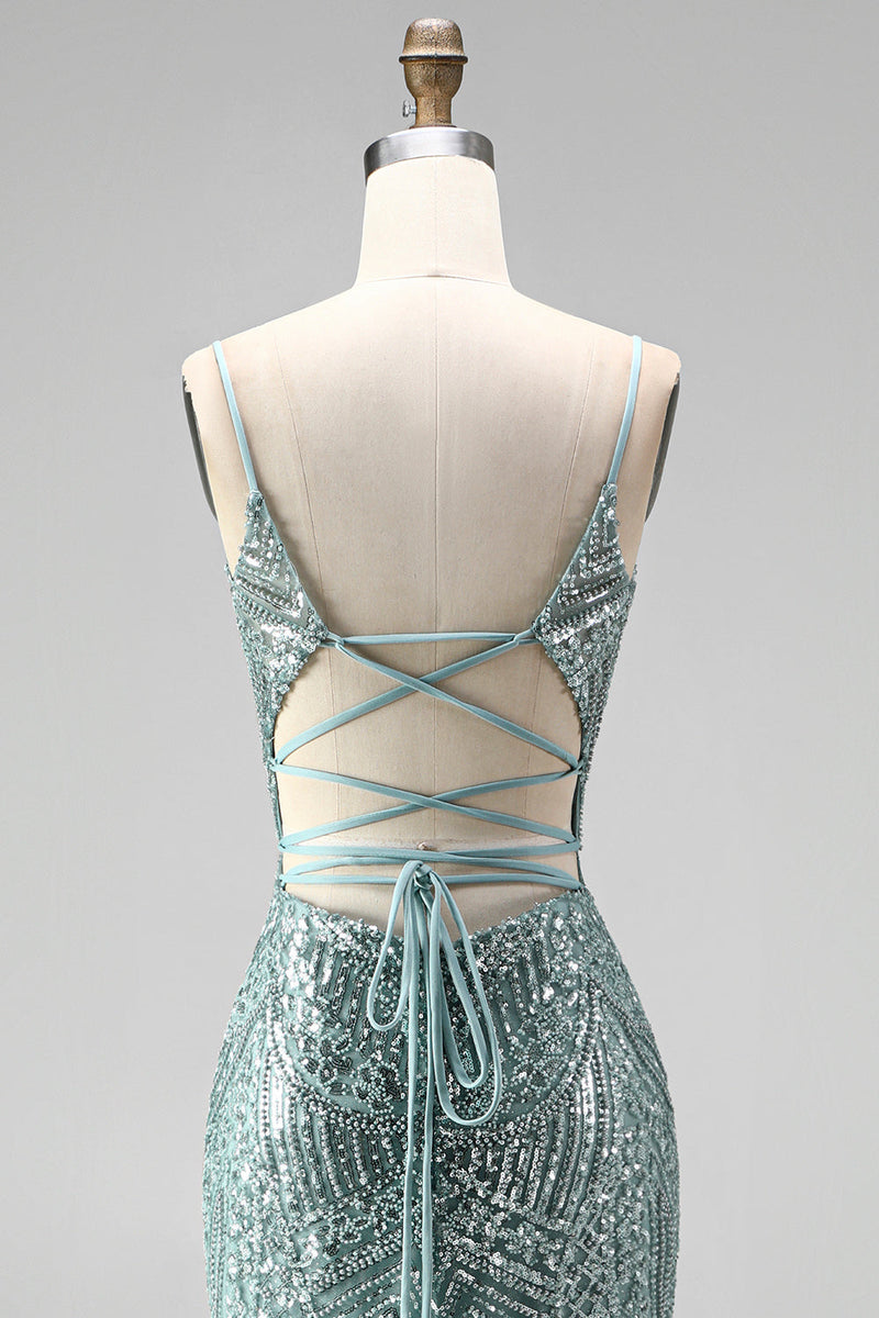 Laden Sie das Bild in den Galerie-Viewer, Staubgrünes Pailletten Strass V-Ausschnitt Spaghetti-Träger Meerjungfrauen Langes Ballkleid mit Schlitz