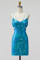 Laden Sie das Bild in den Galerie-Viewer, Türkisfarbene Pailletten mit ausgeschnittenen Spaghettiträgern Bodycon kurzes Homecoming-Kleid