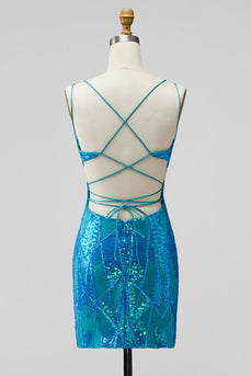 Türkis Pailletten mit ausgeschnittenen Spaghettiträgern Bodycon Kurzes Abendkleid