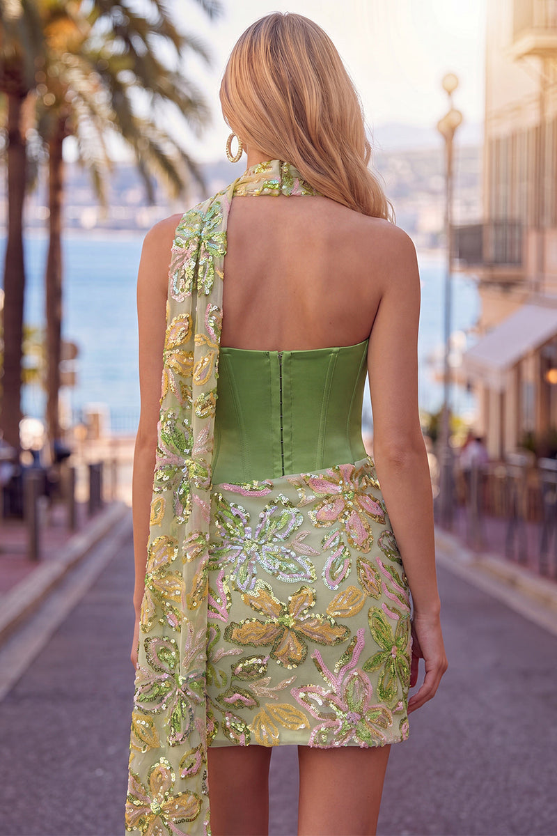 Laden Sie das Bild in den Galerie-Viewer, Grünes Bodycon-Sweetheart-Korsett Pailletten-Homecoming-Kleid mit Halstuch
