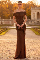 Laden Sie das Bild in den Galerie-Viewer, Kaffee Scheide Von der Schulter Gerafftes Maxi Festkleid