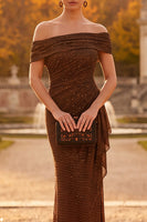 Laden Sie das Bild in den Galerie-Viewer, Kaffee Scheide Von der Schulter Gerafftes Maxi Festkleid