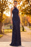 Laden Sie das Bild in den Galerie-Viewer, Marineblaues Halter Pailletten Maxi Festkleid mit Halter und Fransen