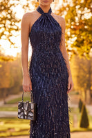 Laden Sie das Bild in den Galerie-Viewer, Marineblaues Halter Pailletten Maxi Festkleid mit Halter und Fransen
