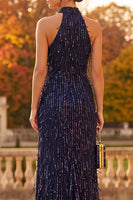 Laden Sie das Bild in den Galerie-Viewer, Marineblaues Halter Pailletten Maxi Festkleid mit Halter und Fransen