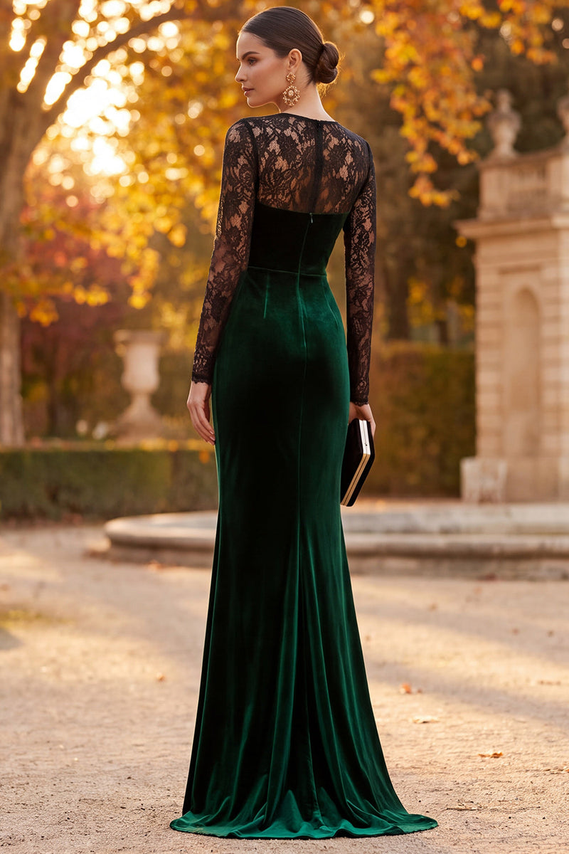 Laden Sie das Bild in den Galerie-Viewer, Dunkelgrünes Samt Meerjungfrauen Illusionshals Langarmiges Maxi Festkleid mit Spitze