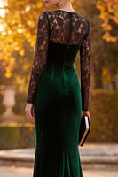 Laden Sie das Bild in den Galerie-Viewer, Dunkelgrünes Samt Meerjungfrauen Illusionshals Langarmiges Maxi Festkleid mit Spitze