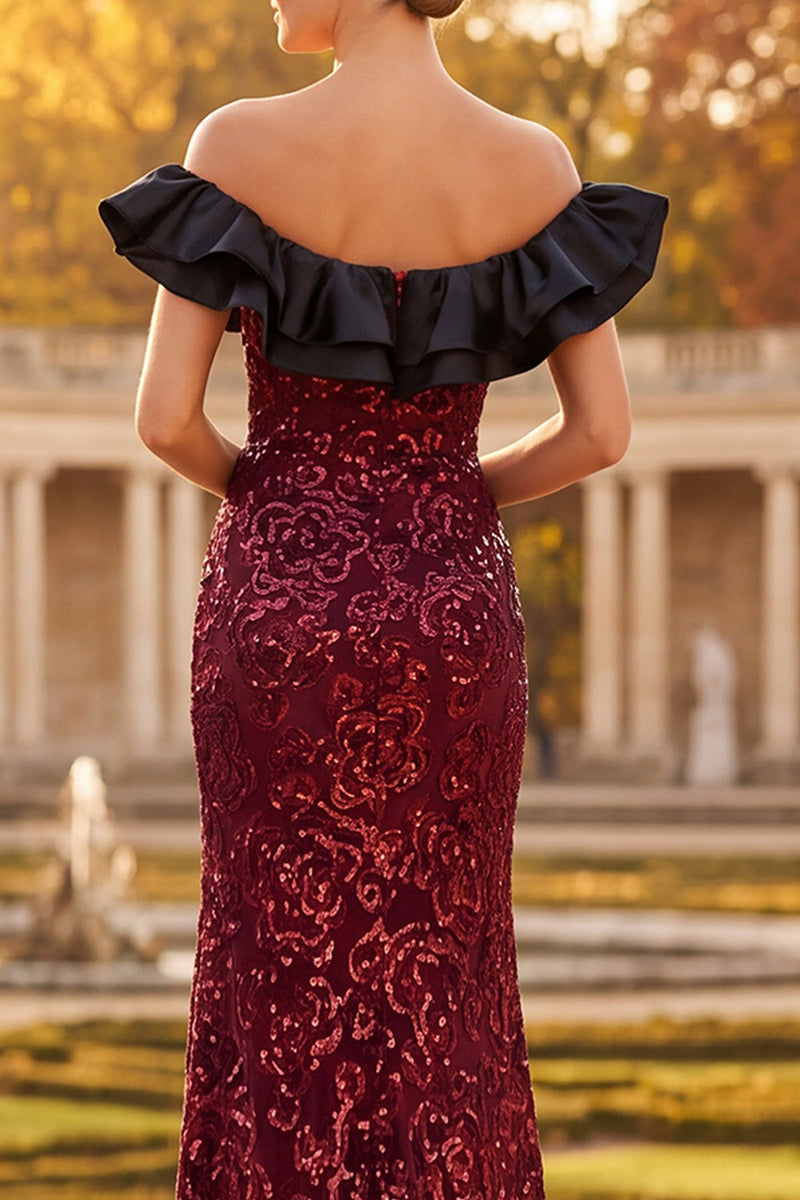 Laden Sie das Bild in den Galerie-Viewer, Burgunderrotes Scheide Schulterloses Pailletten Rüschen Langes Festliches Kleid mit Seitenschlitz