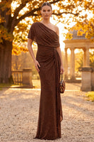 Laden Sie das Bild in den Galerie-Viewer, Kaffee Glitzerndes Scheide Eine Schulter Gerafftes Langes Festkleid
