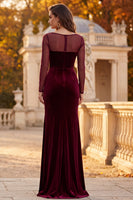 Laden Sie das Bild in den Galerie-Viewer, Burgunderrotes Samt Illusionshals Gerafftes Langes Festkleid mit seitlichem Schlitz