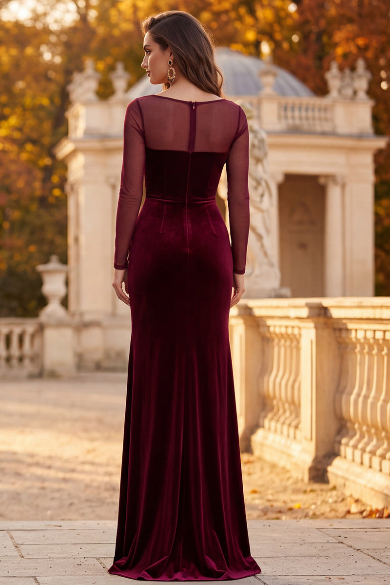 Laden Sie das Bild in den Galerie-Viewer, Burgunderrotes Samt Illusionshals Gerafftes Langes Festkleid mit seitlichem Schlitz