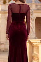 Laden Sie das Bild in den Galerie-Viewer, Burgunderrotes Samt Illusionshals Gerafftes Langes Festkleid mit seitlichem Schlitz