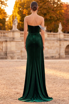 Dunkelgrünes Gerafftes Maxi Samtkleid mit einer Schulter und Strasssteinen