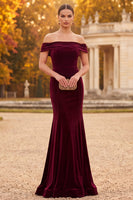 Laden Sie das Bild in den Galerie-Viewer, Burgunderrotes Samt Meerjungfrauen Maxi Abendkleid ohne Schulter