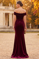 Laden Sie das Bild in den Galerie-Viewer, Burgunderrotes Samt Meerjungfrauen Maxi Abendkleid ohne Schulter