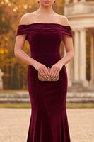 Laden Sie das Bild in den Galerie-Viewer, Burgunderrotes Samt Meerjungfrauen Maxi Abendkleid ohne Schulter