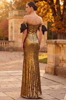 Laden Sie das Bild in den Galerie-Viewer, Goldenes Scheide Abseits der Schulter Pailletten Maxi Abendkleid mit Schleife