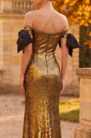 Laden Sie das Bild in den Galerie-Viewer, Goldenes Scheide Abseits der Schulter Pailletten Maxi Abendkleid mit Schleife