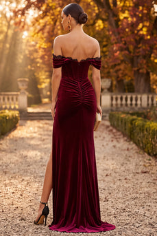 Burgunderrotes Samt Meerjungfrauen Korsett Schulterloses Gerafftes Spitze Maxi Festkleid mit Schlitz