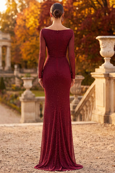 Burgunderrotes Mantelhals Langärmliges Perlenbesticktes Festkleid mit seitlichem Schlitz