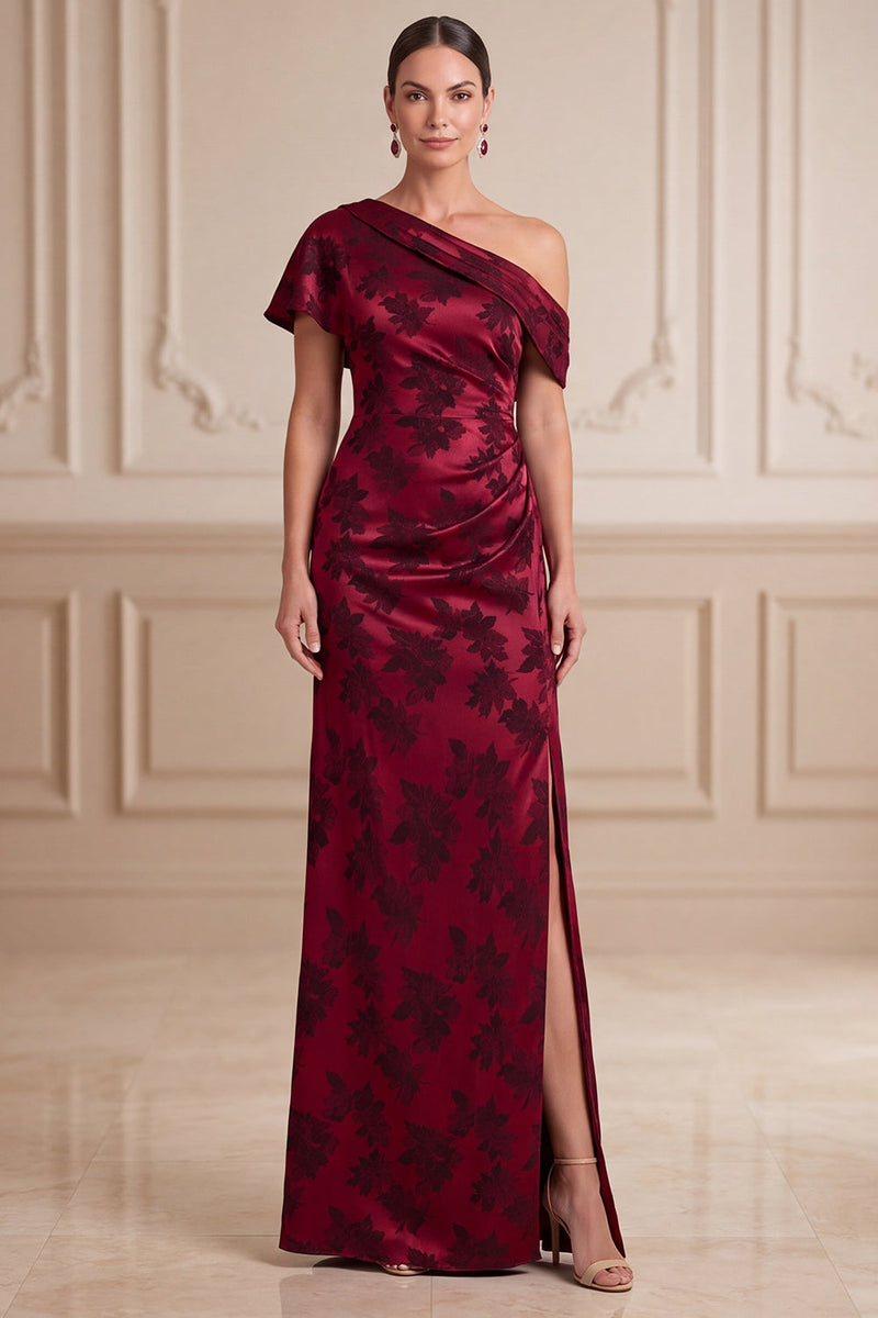 Laden Sie das Bild in den Galerie-Viewer, Burgundergrüne Scheide asymmetrische, einschulteriger Jacquard-Maxi-Mutter der Braut mit seitlichem Schlitz