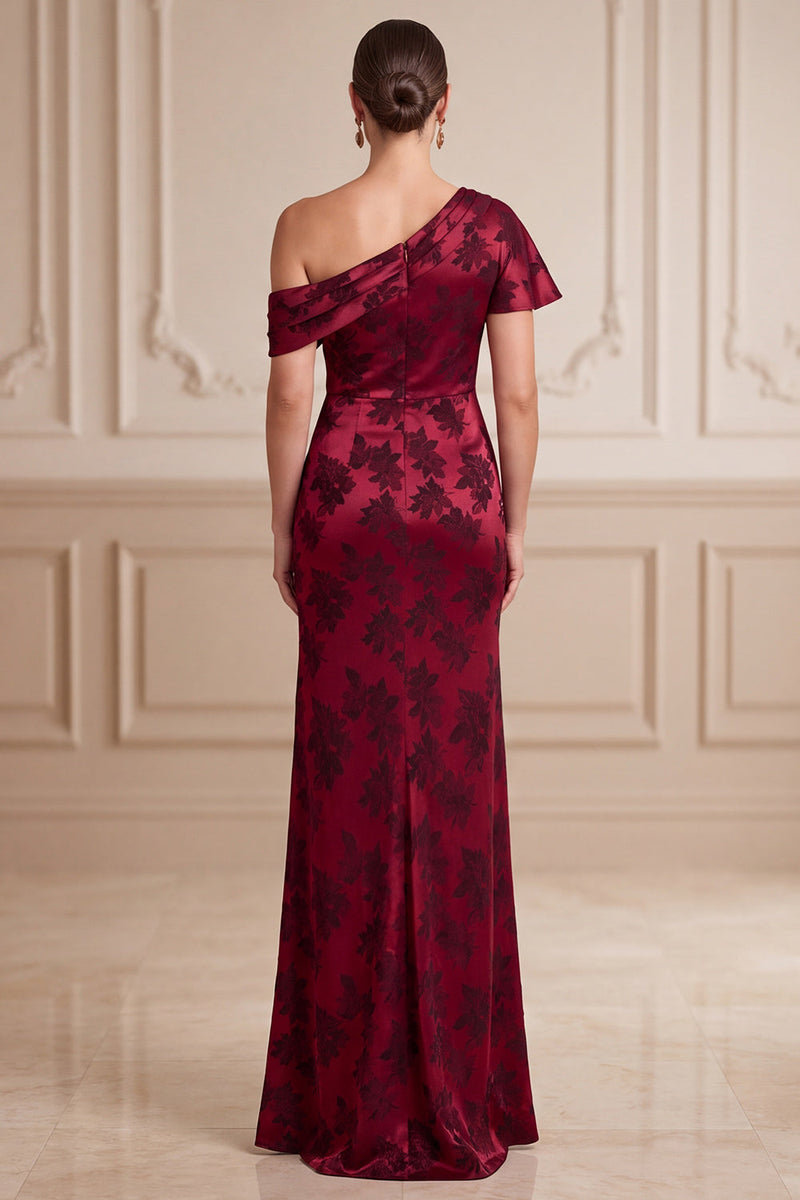 Laden Sie das Bild in den Galerie-Viewer, Burgundergrüne Scheide asymmetrische, einschulteriger Jacquard-Maxi-Mutter der Braut mit seitlichem Schlitz