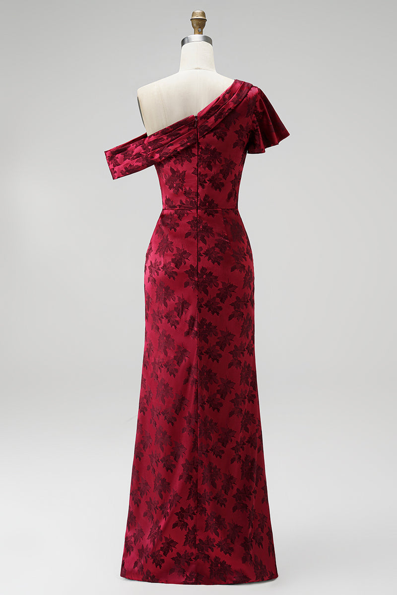 Laden Sie das Bild in den Galerie-Viewer, Burgunder Scheide Asymmetrisches Einschulteriger Jacquard Maxi Mutter der Braut mit seitlichem Schlitz