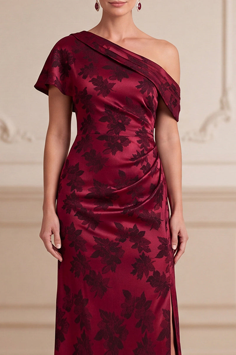 Laden Sie das Bild in den Galerie-Viewer, Burgundergrüne Scheide asymmetrische, einschulteriger Jacquard-Maxi-Mutter der Braut mit seitlichem Schlitz