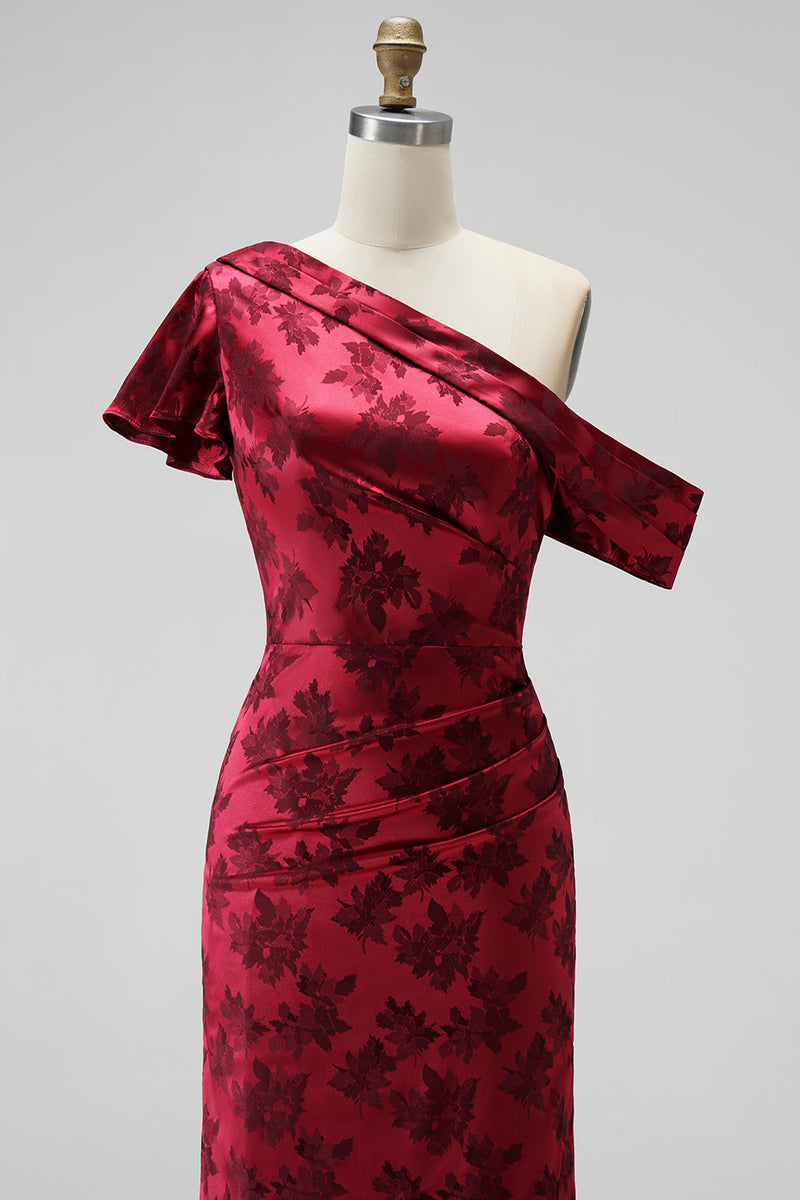 Laden Sie das Bild in den Galerie-Viewer, Burgunder Scheide Asymmetrisches Einschulteriger Jacquard Maxi Mutter der Braut mit seitlichem Schlitz