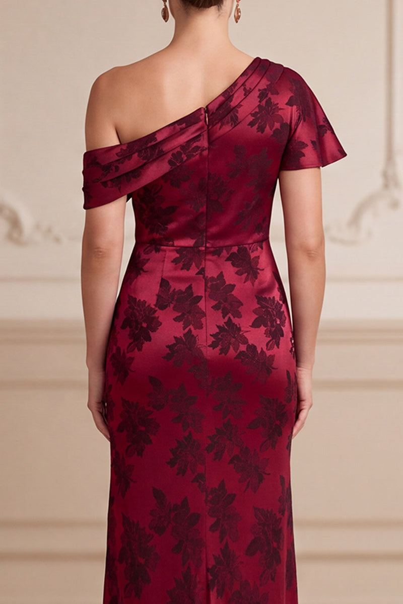Laden Sie das Bild in den Galerie-Viewer, Burgundergrüne Scheide asymmetrische, einschulteriger Jacquard-Maxi-Mutter der Braut mit seitlichem Schlitz