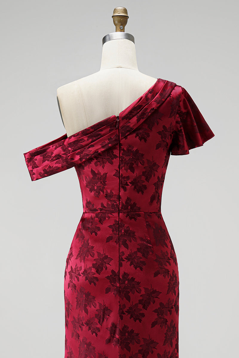 Laden Sie das Bild in den Galerie-Viewer, Burgunder Scheide Asymmetrisches Einschulteriger Jacquard Maxi Mutter der Braut mit seitlichem Schlitz