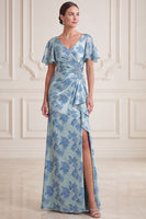 Laden Sie das Bild in den Galerie-Viewer, Graublaue Scheide V-Ausschnitt mit gerafften Flatterärmeln Maxi-Mutter-der-Braut-Kleid mit seitlichem Schlitz