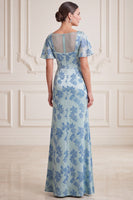 Laden Sie das Bild in den Galerie-Viewer, Graublaue Scheide V-Ausschnitt mit gerafften Flatterärmeln Maxi-Mutter-der-Braut-Kleid mit seitlichem Schlitz