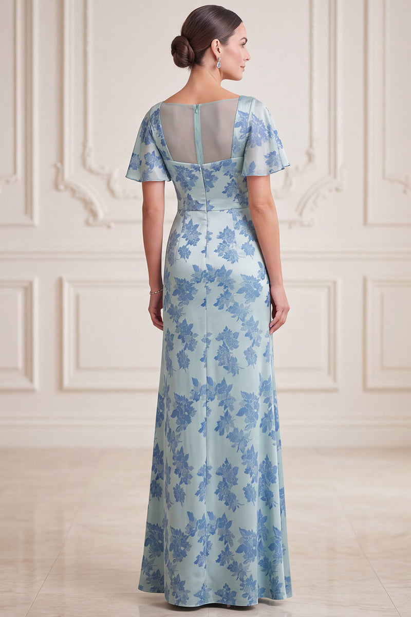 Laden Sie das Bild in den Galerie-Viewer, Graublaue Scheide V-Ausschnitt mit gerafften Flatterärmeln Maxi-Mutter-der-Braut-Kleid mit seitlichem Schlitz